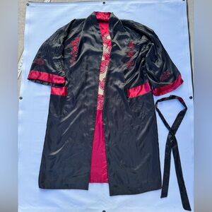 Reversible Satin Embroidered Dragon & Phoenix Kimono Robe | Black & Red